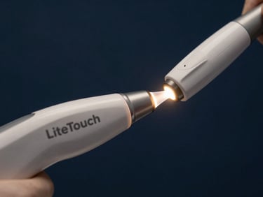 Close-up of a modern LiteTouch dental laser emitting a soft, precise beam of light in a serene, dark navy clinical setting.