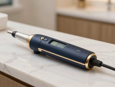Macro photography of a sleek 3D digital dental scanner resting on a pristine white marble counter, soft diffused side-lighting, high-end wellness spa atmosphere.
