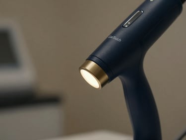 Close-up of the LiteTouch laser handpiece emitting a soft glow in a serene clinical setting, deep navy tones.