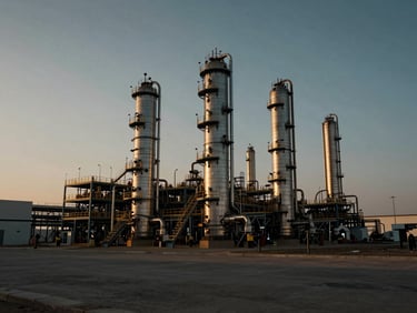 Cinematic wide shot of a modern industrial refinery in Al Jubail at golden hour, dramatic low-key lighting, high-contrast shadows, 2.39:1 aspect ratio style