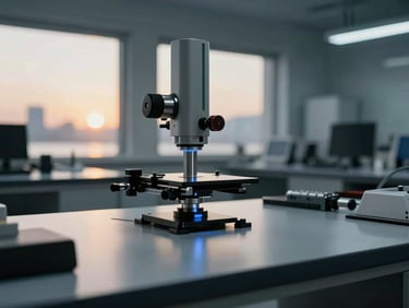Close-up of high-quality manufactured goods on a precision testing table under cool industrial office lighting, sharp focus.