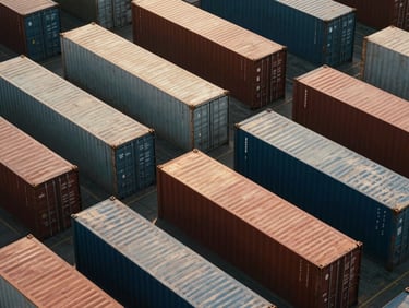 Overhead geometric shot of neatly stacked cargo containers in a shipping yard, clean lines, sharp shadows