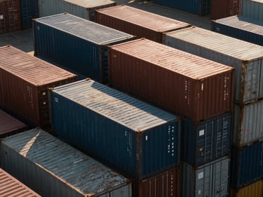 Geometric overhead shot of cargo containers stacked at a port terminal, high-contrast daylight.