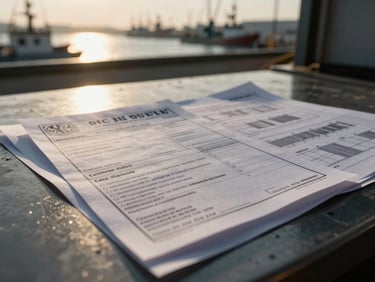 Close-up of stamped customs documents and shipping blueprints on a dark steel desk, dramatic side light.