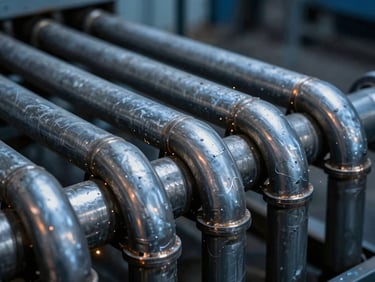 Close-up of a complex shell-and-tube heat exchanger tube bundle, raw steel, high-contrast industrial lighting, shallow depth of field, cool blue tones with warm amber highlights.