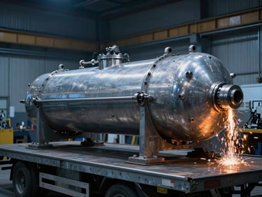 Massive high-pressure vessel on a transport flatbed, heavy-gauge steel, industrial workshop background, cool blue light with warm orange sparks, wide-angle environmental shot.