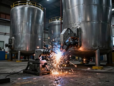 Wide-angle shot of an industrial storage tank being fabricated, automated sub-arc welding in progress, bright orange sparks, gritty workshop floor, dramatic high-contrast.