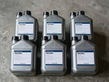 Studio flat-lay of industrial hydraulic fluid containers arranged on a concrete surface, overhead even lighting, specification labels in sharp focus