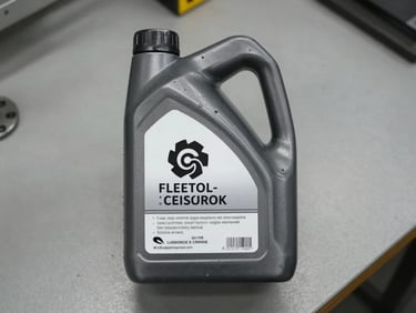 Overhead studio view of a fleet-grade engine oil container on a gray workshop bench, even diffused lighting, label and viscosity grade clearly readable