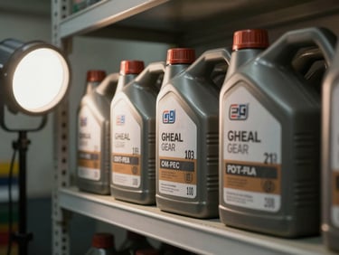 Close-up of OEM-spec gear oil containers lined on an industrial shelf, studio strobe lighting from the left, labels and part numbers clearly visible