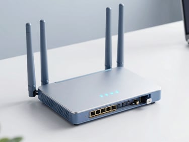 High-performance enterprise dual-band WiFi router with multiple antennas on a clean desk, indicators glowing soft blue, technical photography