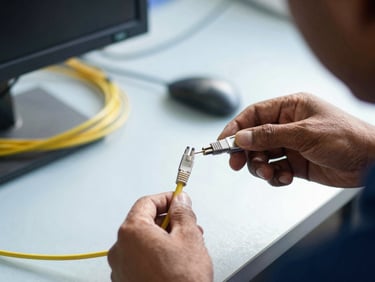 A local IT technician splicing a yellow fiber optic cable on a bright sunny day in Bangladesh, close-up, sharp focus, natural daylight