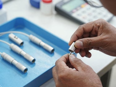 A close-up of a professional fiber optic splice closure being neatly organized by a technician in bright daylight, Savar area background