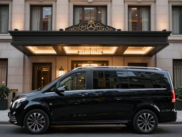 Side profile of a clean black Mercedes-Benz V-Class parked in front of a historic, illuminated luxury hotel entrance at dusk, soft warm lights, editorial style.