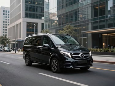 Wide shot of a black Mercedes-Benz V-Class moving smoothly through a modern urban business district, deep charcoal tones, cinematic lighting.