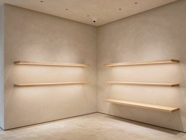Minimalist boutique retail interior with clean plaster walls, integrated warm lighting, and custom display shelving.