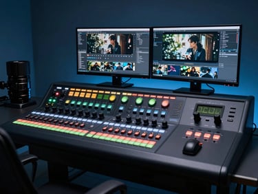 Wide angle shot of a clean post-production workspace, professional color-grading console with glowing dials, dual monitors displaying cinematic footage, moody blue backlight.