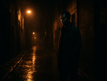 Cinematic film still, moody tungsten lighting, a solitary actor standing in a rain-slicked alleyway at night, rich dark shadows, anamorphic lens