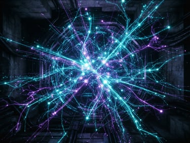 Extreme close-up of a glowing holographic interface displaying complex temporal node networks and timeline branches, high-contrast purple and cyan laser light, dark sci-fi brutalism