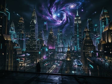 Golden age retro-futuristic city, towering art deco skyscrapers, glowing cyan energy lines, dramatic shadows, dark sci-fi photography