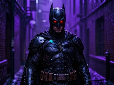 Dark moody portrait of a brutal vigilante in a heavy armored bat cowl, glowing red eyes, rain-slicked Gotham alleyway, neon purple backlight casting long shadows