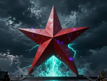 Cinematic wide shot of a massive brutalist red star monument under a dark stormy sky, glowing cyan energy crackling around its base, dramatic shadows