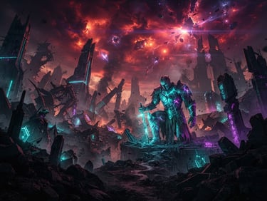 Apocalyptic battlefield of gods, shattered futuristic monuments under a burning red and purple sky, cinematic low-key lighting