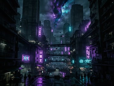 Dystopian dark metropolis, brutalist architecture, glowing purple neon signs of the Crime Syndicate, oppressive atmosphere, cinematic low-key lighting
