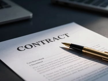 Close-up of a high-stakes contract document with a gold pen resting on it, dramatic low-key lighting, cool shadows and warm highlights, on a dark executive desk.