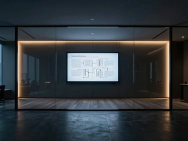 Wide-angle shot of a modern, minimalist corporate boardroom with a large screen displaying legal charts, seen through a glass wall, dramatic lighting, cool tones.