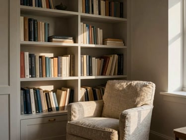 Cozy library nook with custom bookshelves, a comfortable linen armchair, soft golden hour sunlight, natural textures, 35mm