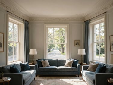 Sunlit living room with high ceilings, refined plaster details, large windows overlooking a quiet tree-lined street, soft natural light, 35mm