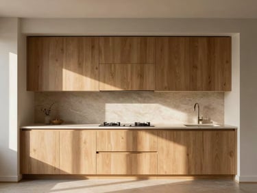 Elegant residential interior, minimalist kitchen with warm oak cabinetry and stone countertops, soft morning sun, 35mm