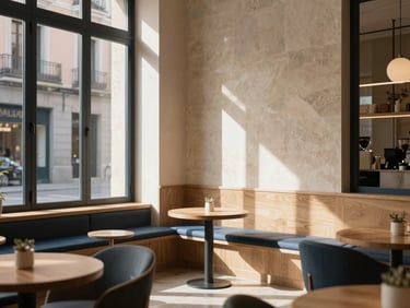 Warm editorial interior photography of a boutique cafe in Salesas Madrid, soft morning sunlight filtering through high windows, natural oak and stone textures