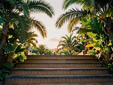 Traditional tile steps in Santa Teresa, lush green palms framing the view, warm tropical sun.