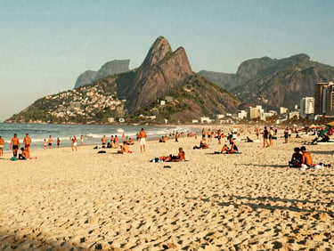 Candid shot of a bustling beach post in Rio, warm golden hour sunlight, 35mm film aesthetic.