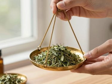 Hands measuring dried green herbs on a classic brass scale, warm natural light, professional apothecary style