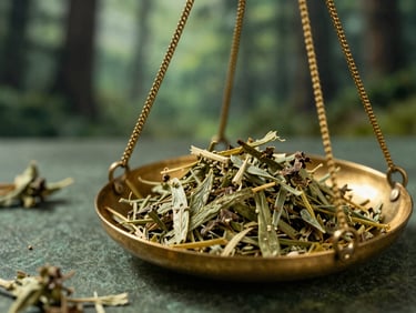 Macro shot of dried green medicinal herbs being weighed on a vintage brass scale, moody shadows, forest green background, 35mm