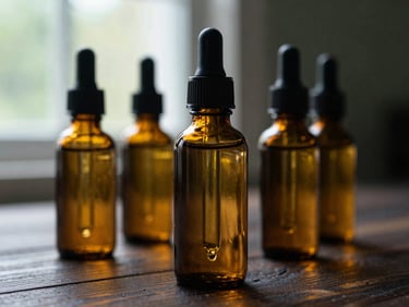 Editorial close-up of amber glass dropper bottles filled with herbal extracts on a dark wooden surface, soft window light, 35mm