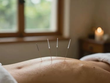 Acupuncture needles in soft focus inserted into skin, serene clinic setting, warm ambient light, professional framing