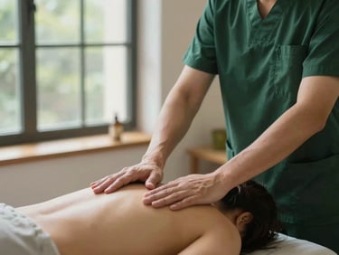Serene clinical space with a practitioner guiding a patient through gentle therapeutic movements, soft natural light, editorial