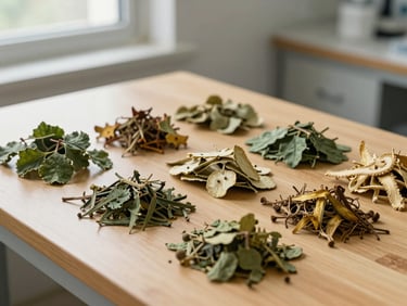 Dried medicinal plants arranged neatly on a wooden laboratory table, soft side light, clinical botanical setting