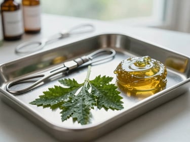 Clean clinical setup with sterile instruments and herbal soothing ointments on a stainless steel tray, soft lighting