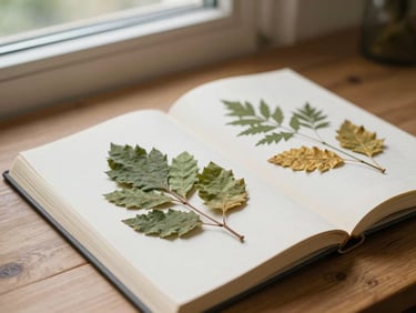 An open botanical textbook beside dried pressed leaves on a wooden study desk, warm natural light, academic atmosphere
