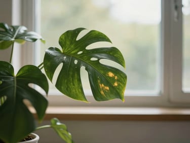 Serene clinical space with soft light falling on a green leaf plant, symbolizing mental and physical movement harmony
