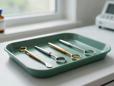 Clean clinical tools on a sterile tray, soft natural lighting, professional medical procedure environment