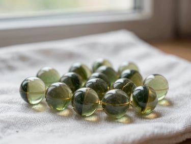 Close-up of small clear glass vials containing homeopathic globules, resting on a clean linen cloth, soft natural lighting