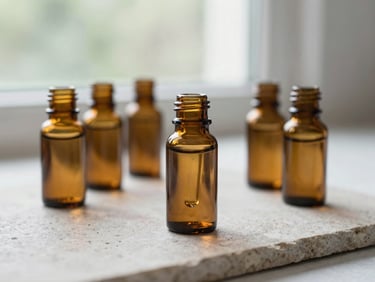 Small amber glass bottles with natural medicine drops on a clean stone surface, soft focus, clinical elegance