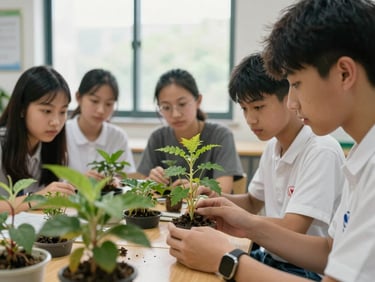 A small group of students observing botanical specimens in a bright classroom, professional educational workshop