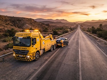 Dramatic environmental shot of a yellow tow truck parked on a Moroccan highway shoulder during golden hour, long shadows, clear highway stretching into the distance